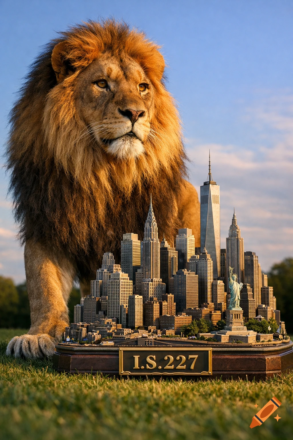 A photorealistic image of a majestic lion standing behind a detailed miniature model of New York City skyline with "I.S.227" on a plaque.