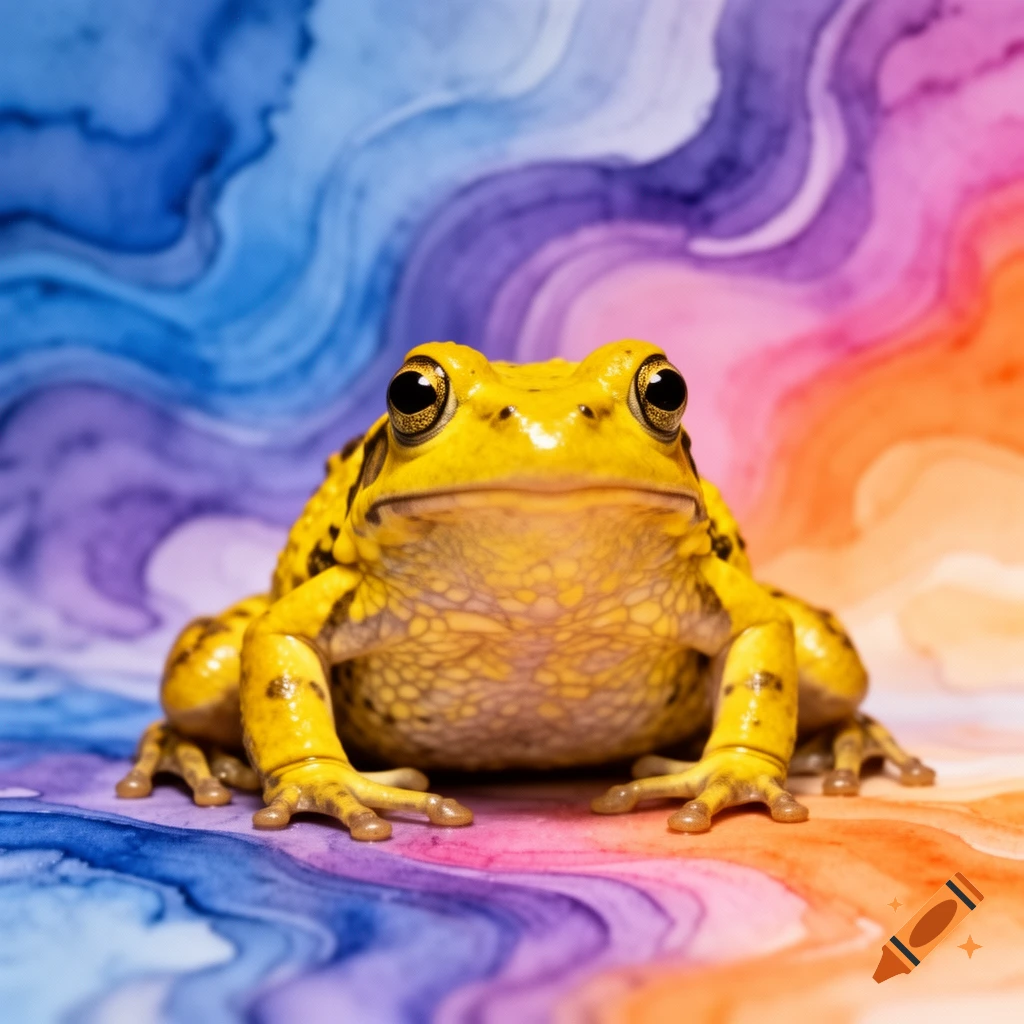 A close-up of a bright yellow frog with large black eyes, against a vibrant background of blue, purple, pink, and orange watercolor-like swirls.