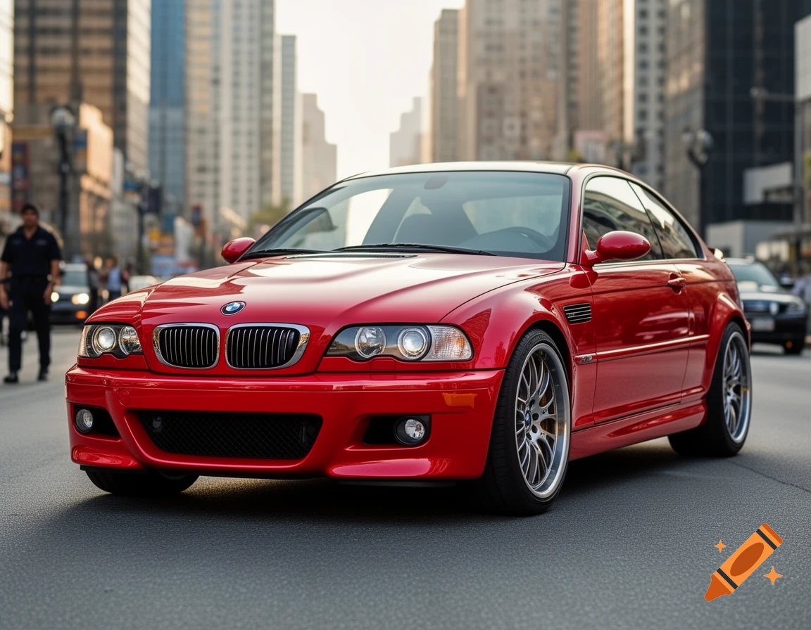 A photorealistic red BMW E46 M3 sports car parked on a city street with blurred buildings in the background.