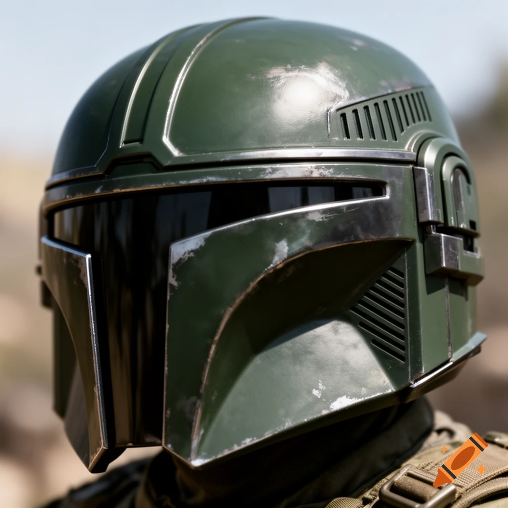 Close-up of a weathered green Mandalorian-inspired soldier helmet, without a nose cover, against a blurred outdoor background.