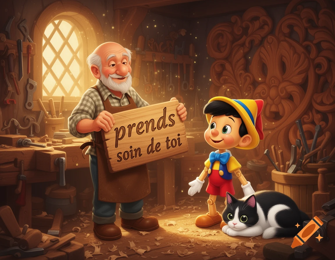 Gepetto, Pinocchio, and a black and white cat in a cartoon woodworking shop. Gepetto holds a sign 'prends soin de toi'.