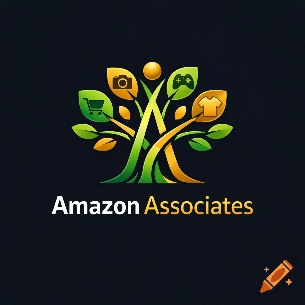 Amazon Associates logo with a tree forming an 'A', featuring icons for shopping, camera, gaming, and clothing on its leaves.