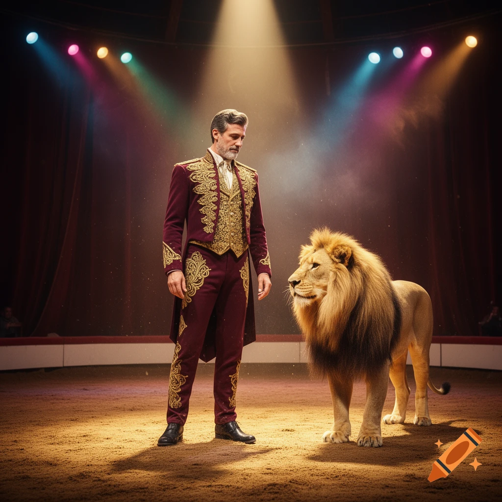 A photorealistic image of a circus tamer in an elaborate red and gold suit standing next to a lion in a spotlighted circus ring.