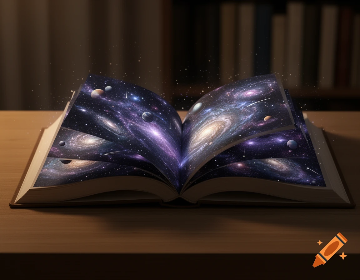 An open book with pages displaying swirling galaxies, planets, and stars, illuminated by a gentle glow.
