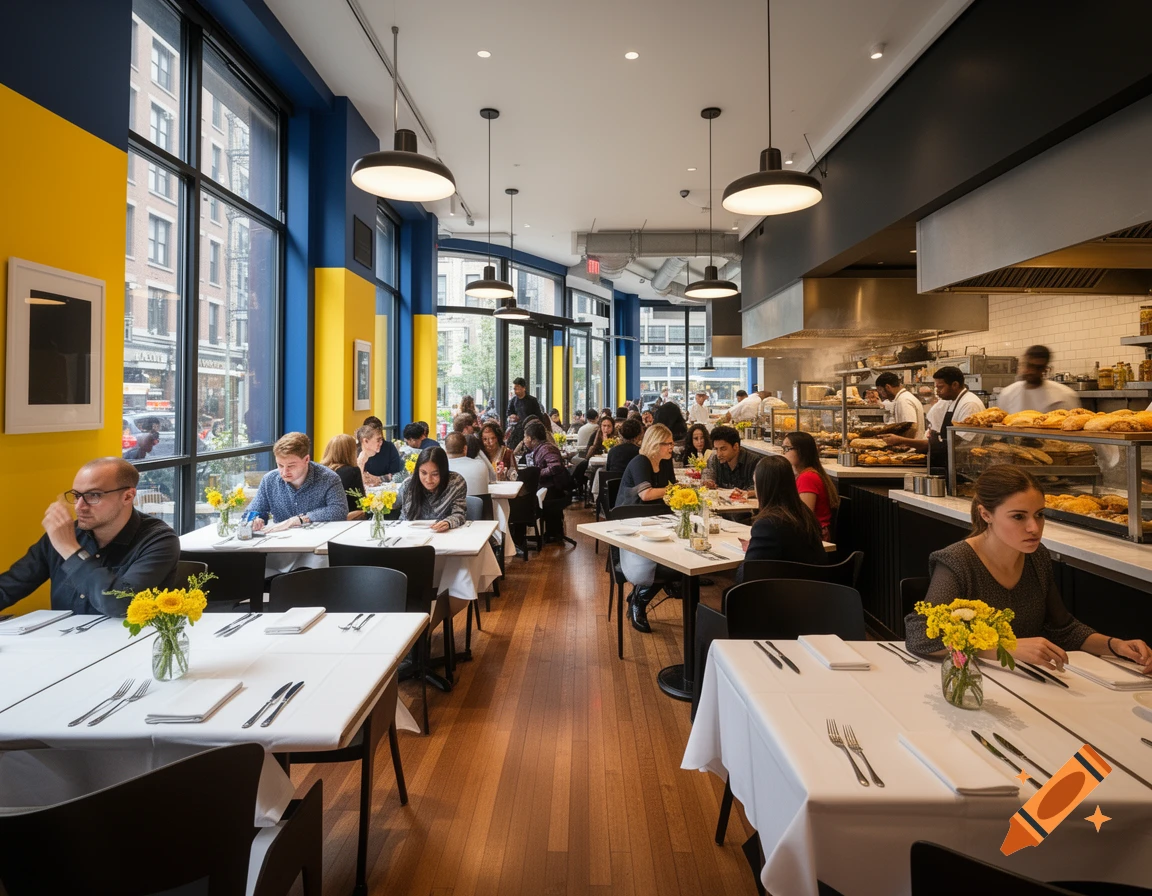 A busy, modern restaurant with yellow and blue walls, large windows, an open kitchen, and diverse diners.