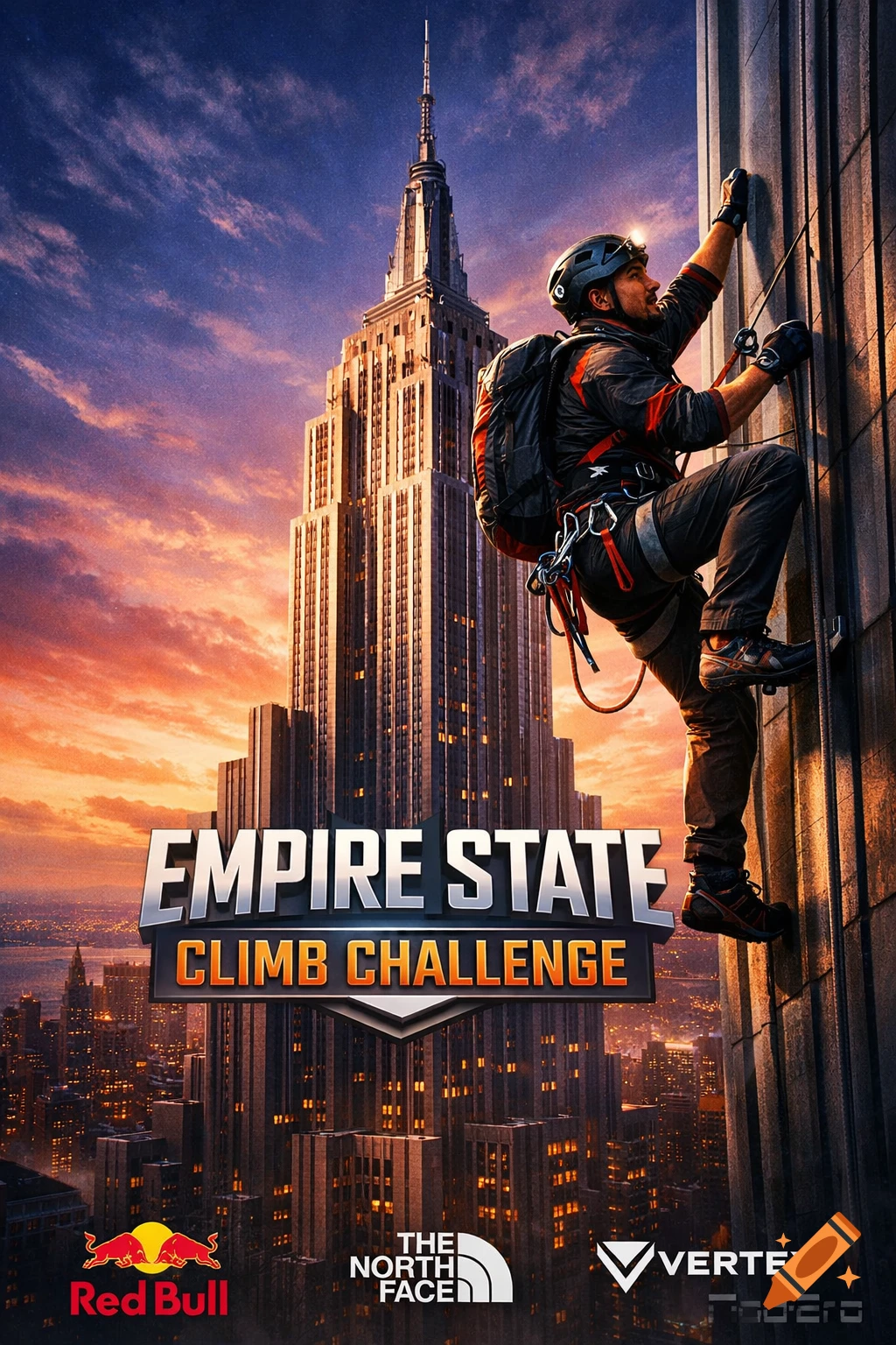 Photorealistic poster of a climber scaling the Empire State Building at sunset, with "EMPIRE STATE CLIMB CHALLENGE" and sponsor logos.