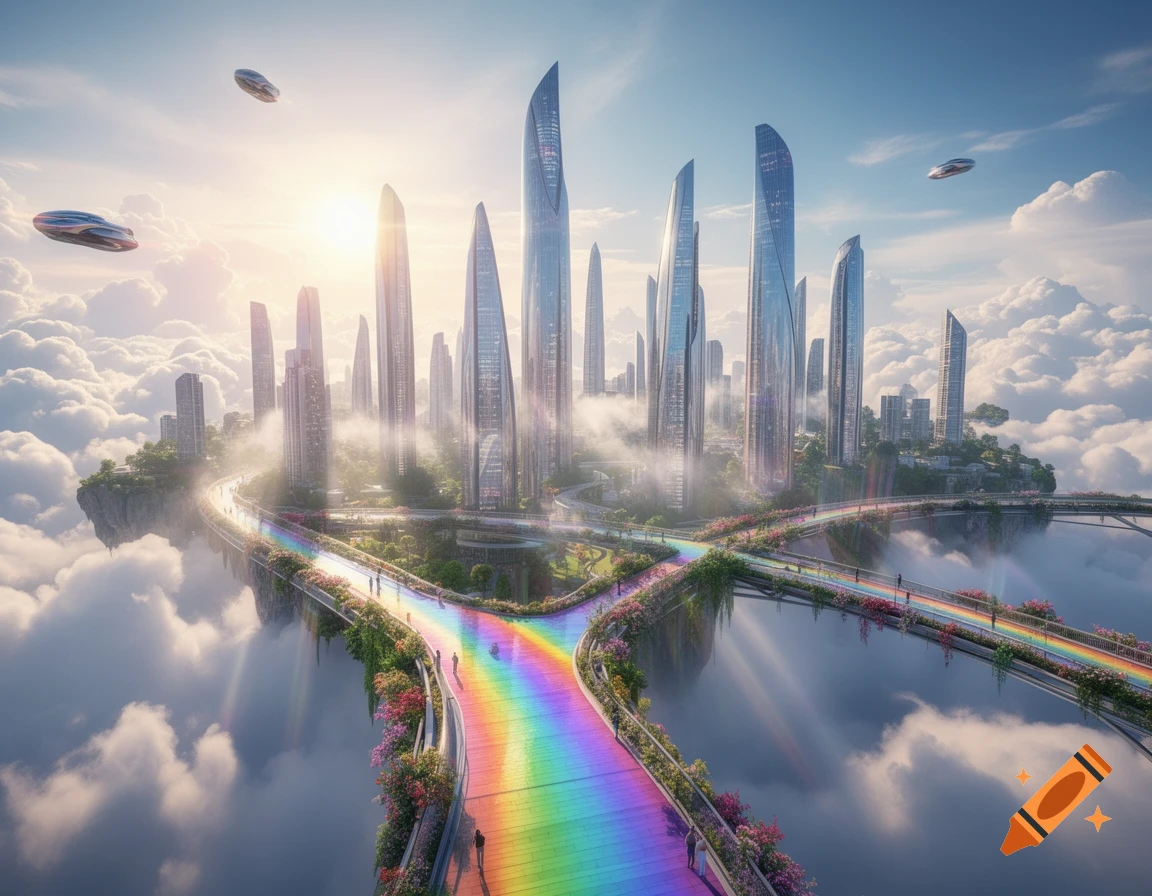 A majestic futuristic city above the clouds with tall skyscrapers, rainbow sidewalks, and flying vehicles under a bright sky.