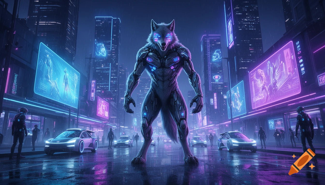 A towering cybernetically enhanced werewolf stands in a neon-lit futuristic city street at night, glowing blue and purple.