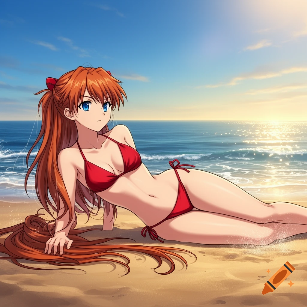 Anime girl with long orange hair and blue eyes in a red bikini, lying on a sunny beach by the ocean.
