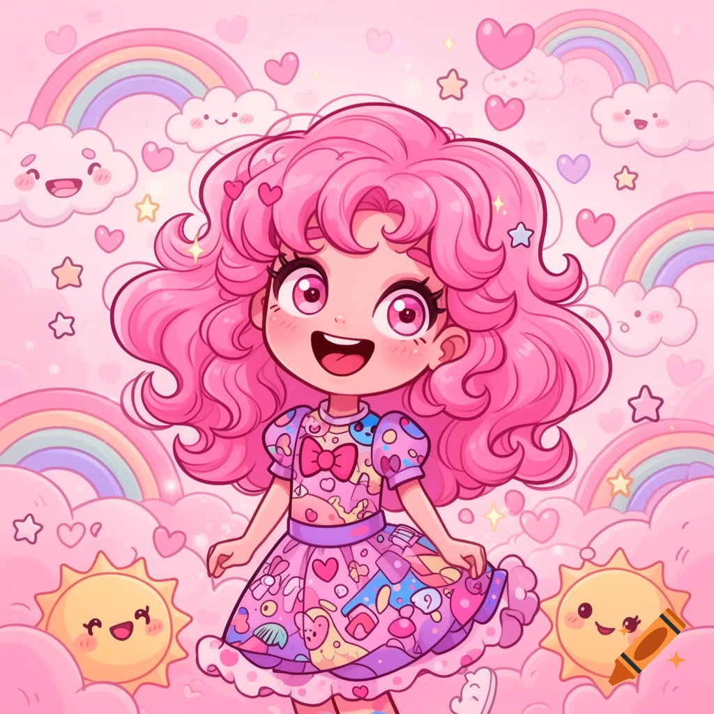 A happy, pink-haired cartoon girl in a patterned dress, smiling brightly amidst a kawaii pink sky with rainbows, clouds, and hearts.