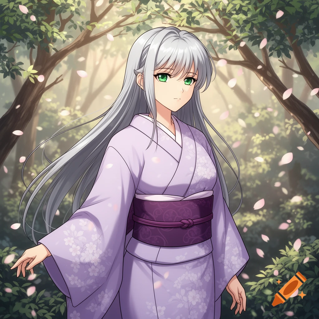 Anime woman with long silver hair and green eyes, wearing a light purple kimono with cherry blossoms, standing in a forest with falling petals.