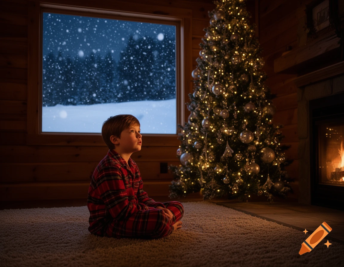 A boy in red plaid pajamas sits on a rug, looking out a snowy window next to a lit Christmas tree and fireplace.