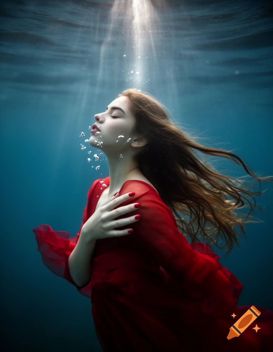 A serene woman with red nails in a flowing red dress floats underwater, light rays pierce the surface.