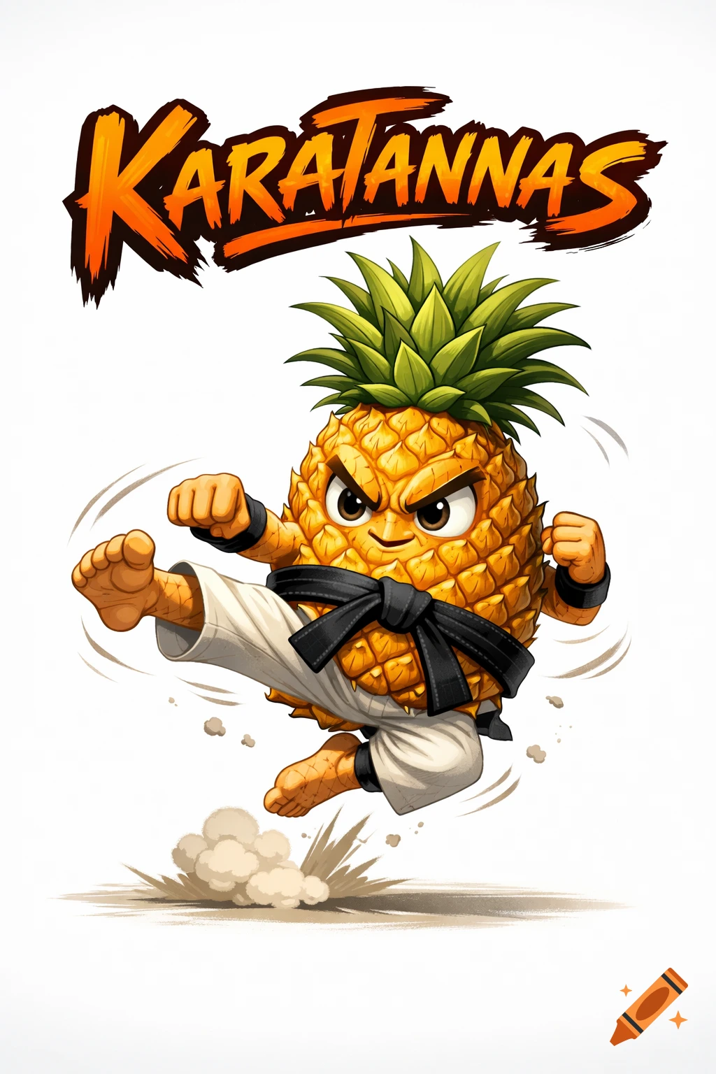 Cartoon pineapple wearing a black belt and gi, performing a flying karate kick. Above the pineapple, stylized orange text reads "KARATANNAS".