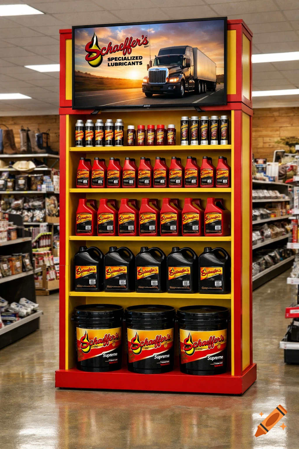 A red and yellow retail display of Schaeffer's lubricants, including buckets, jugs, and spray cans, with a TV screen showing a truck and logo.