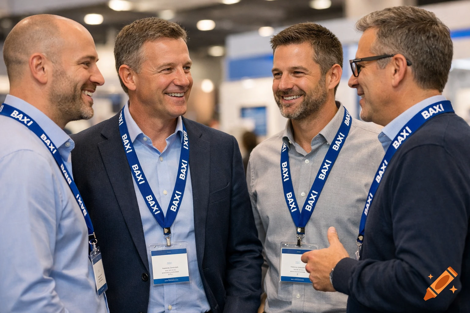 Four smiling men in business attire, wearing blue lanyards with "BAXI" branding, networking at a trade show event.