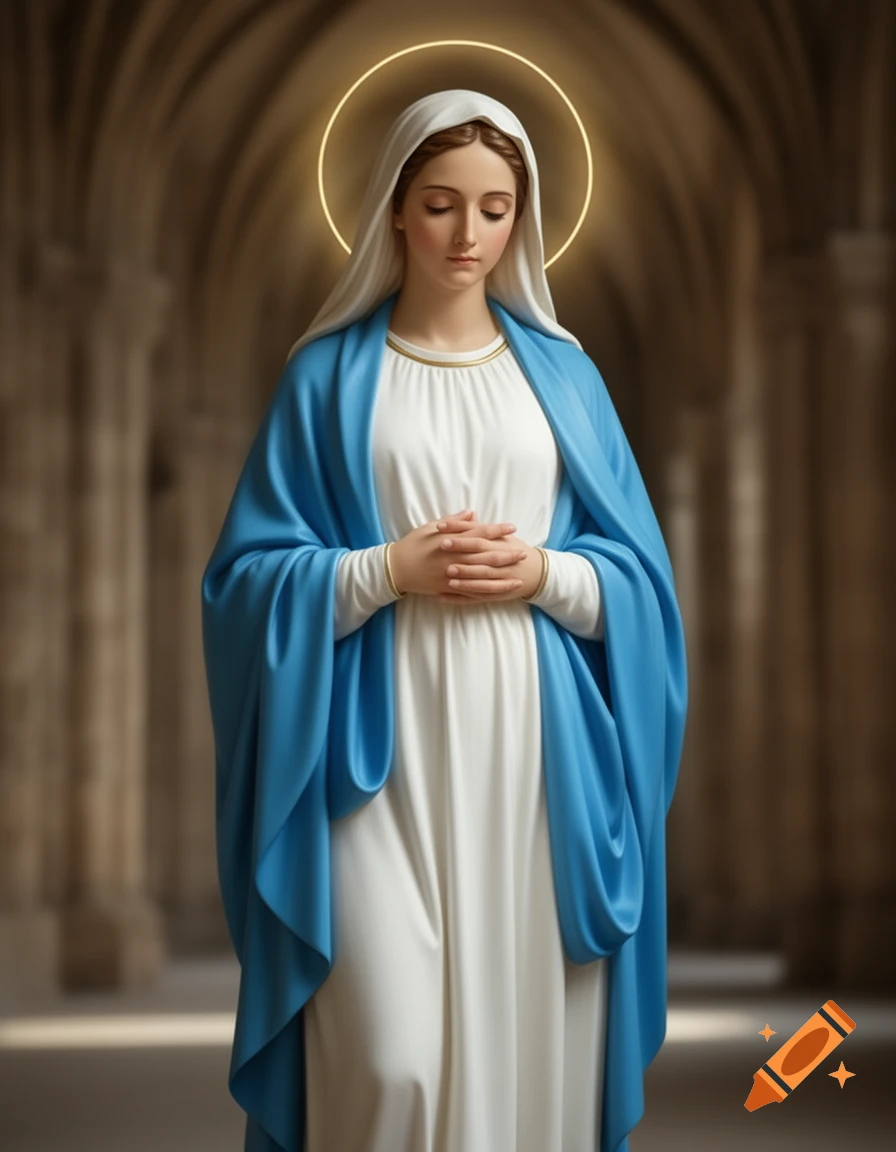 A photorealistic image of the Virgin Mary, with a golden halo, hands clasped, in a white dress and blue mantle, standing in an arched hallway.