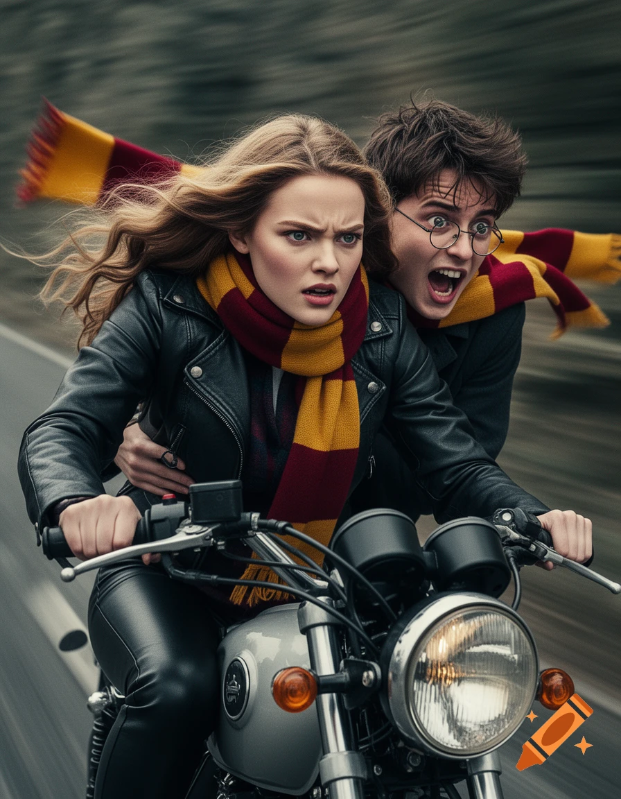 A young woman in a leather jacket and Gryffindor scarf drives a motorcycle at speed, while a terrified young man screams from the back.