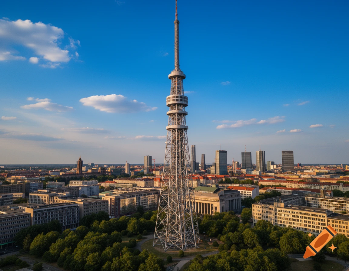 An aerial view of the tall Berliner Funkturm radio tower rising above a green park and city buildings under a blue sky with white clouds.