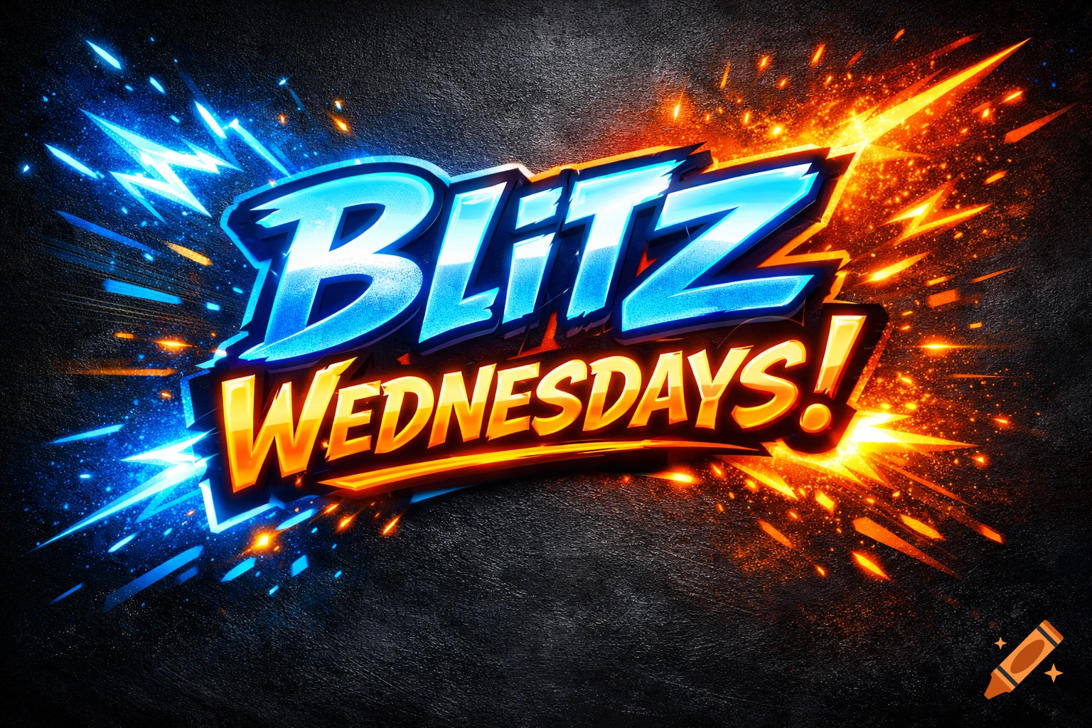 Stylized graphic with glowing blue and orange text 'BLITZ WEDNESDAYS!' surrounded by lightning and sparks on a dark background.