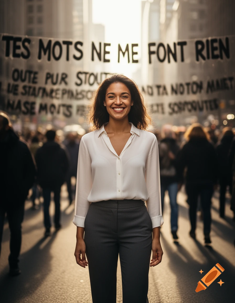 A smiling woman in a white shirt and gray pants stands in an urban street, with a banner behind her that reads "TES MOTS NE ME FONT RIEN" and other garbled text, surrounded by blurred figures.