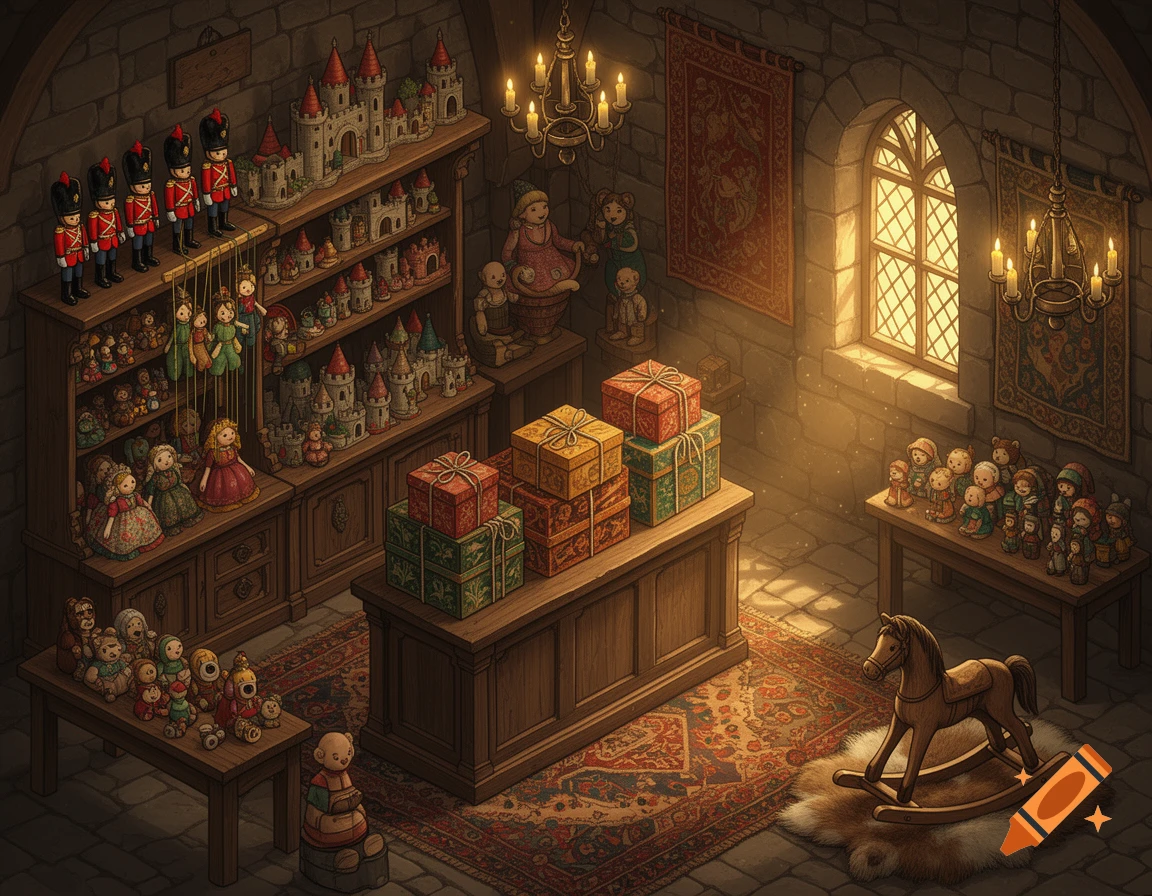 Isometric medieval toy store interior with shelves of wooden soldiers, dolls, and castle toys, gift boxes, and a rocking horse.