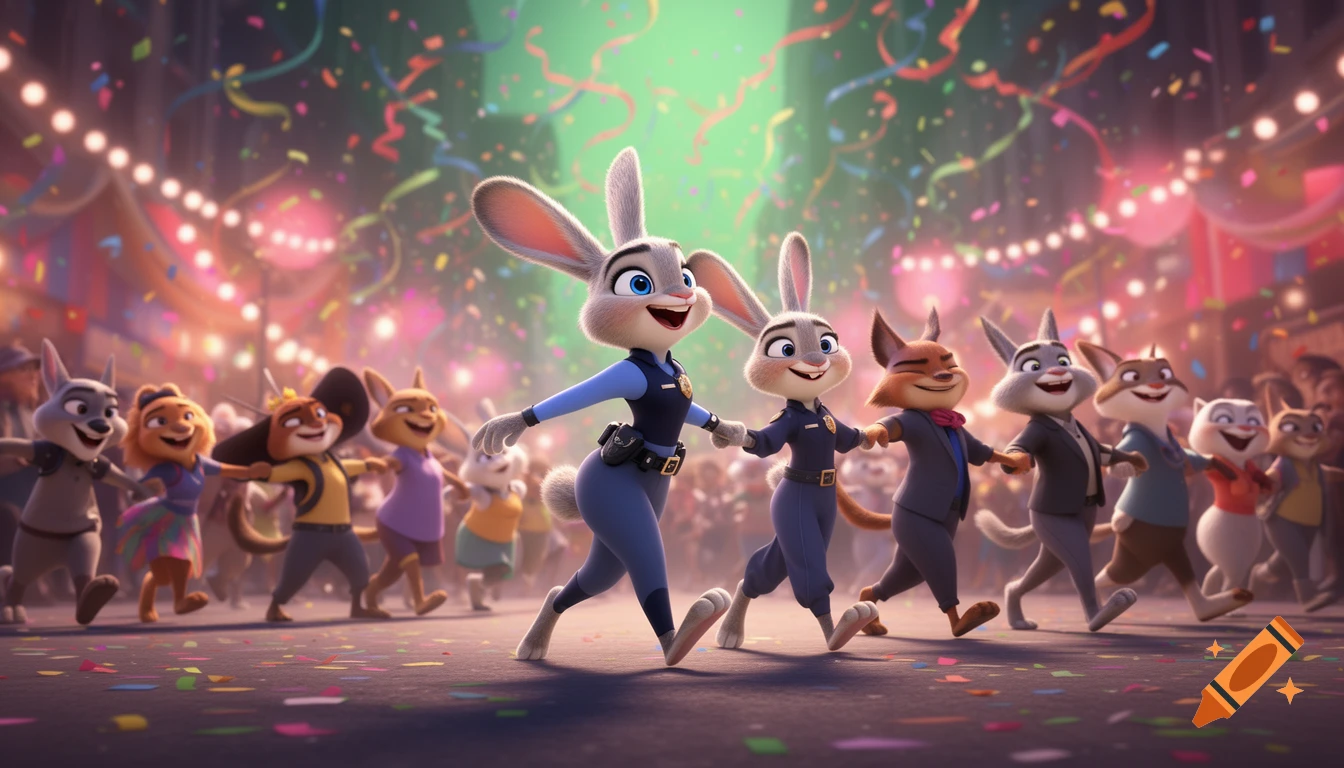 Judy Hopps and anthropomorphic animals dance a conga line in a vibrant, confetti-filled animated celebration.