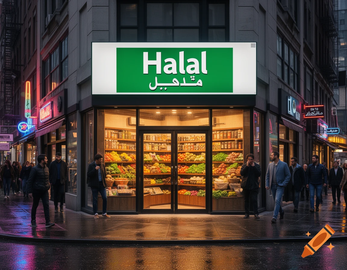 A bustling street corner at dusk, featuring a brightly lit grocery store with a prominent "Halal" sign above, displaying fresh produce and spices, with people walking on wet sidewalks reflecting neon lights.