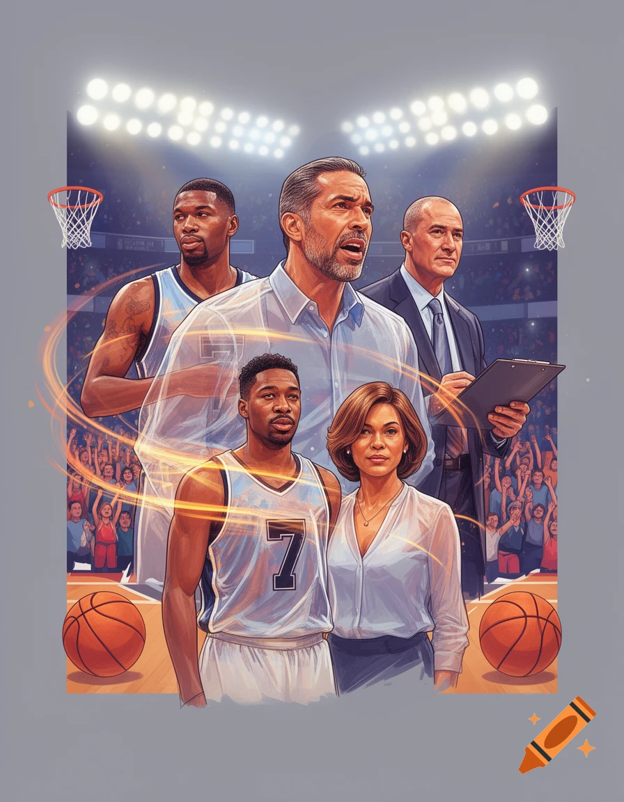 Illustration of a diverse group of five basketball figures, including players and coaches, on a court under stadium lights.