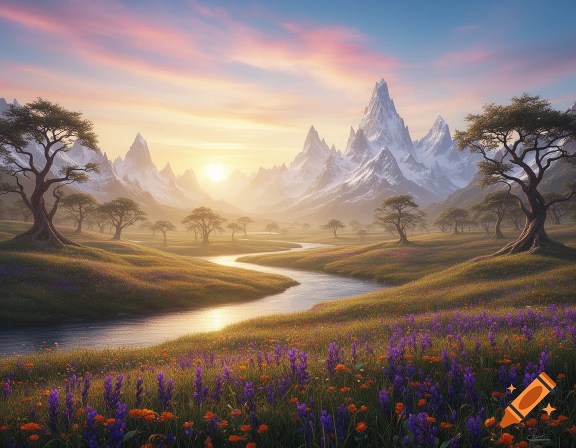 A vibrant fantasy landscape at sunset, featuring a winding river, purple and orange wildflowers, and majestic snow-capped mountains.