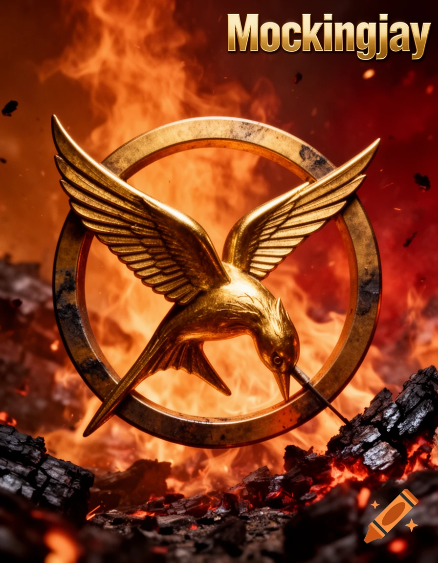 A golden Mockingjay emblem in front of a dramatic fiery background with embers, and the word Mockingjay at the top.