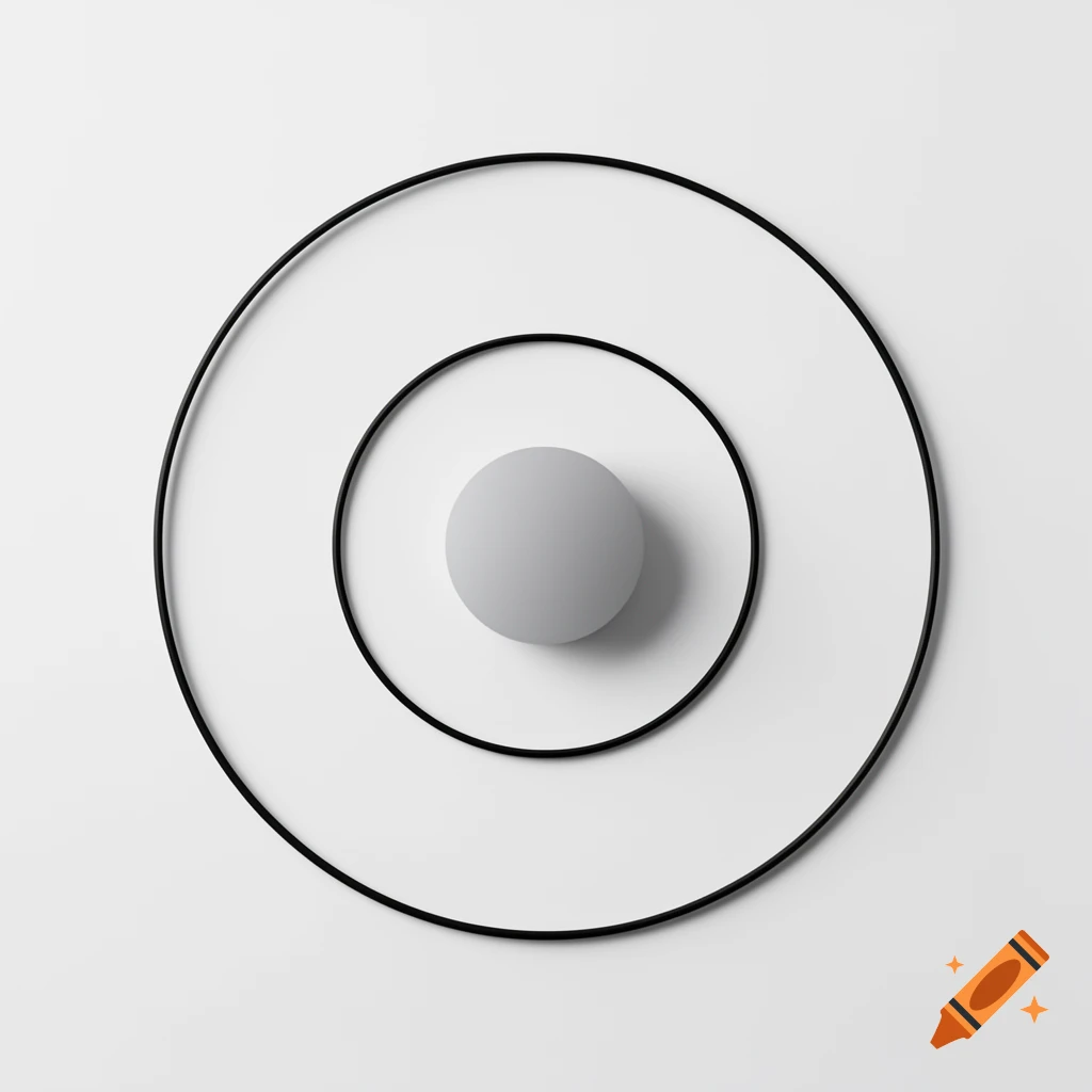 A minimalist design featuring a grey sphere at the center, surrounded by two thin concentric black rings on a white background.