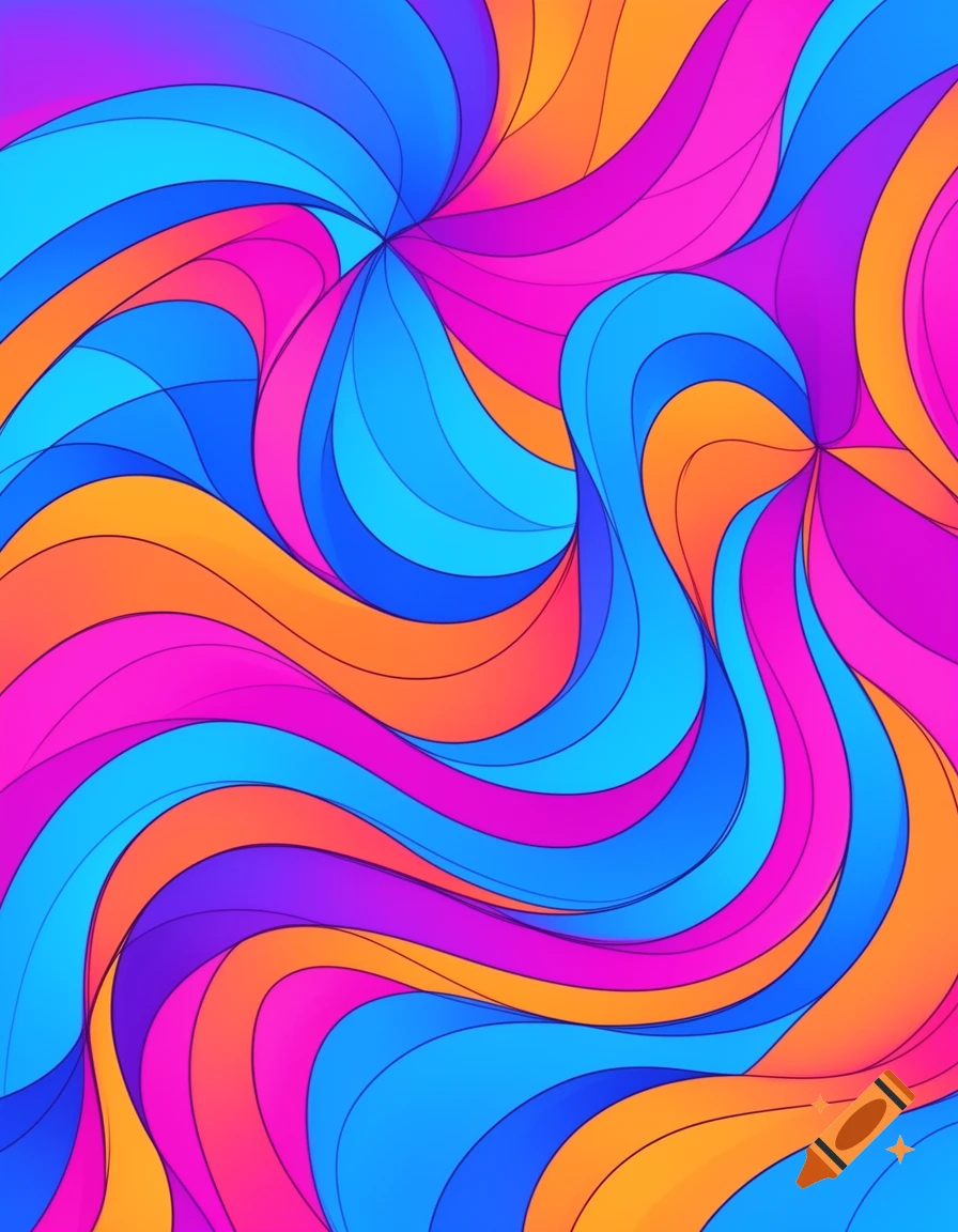 An abstract, psychedelic pattern of flowing, wavy lines in bright blue, orange, and magenta, creating a dynamic design.
