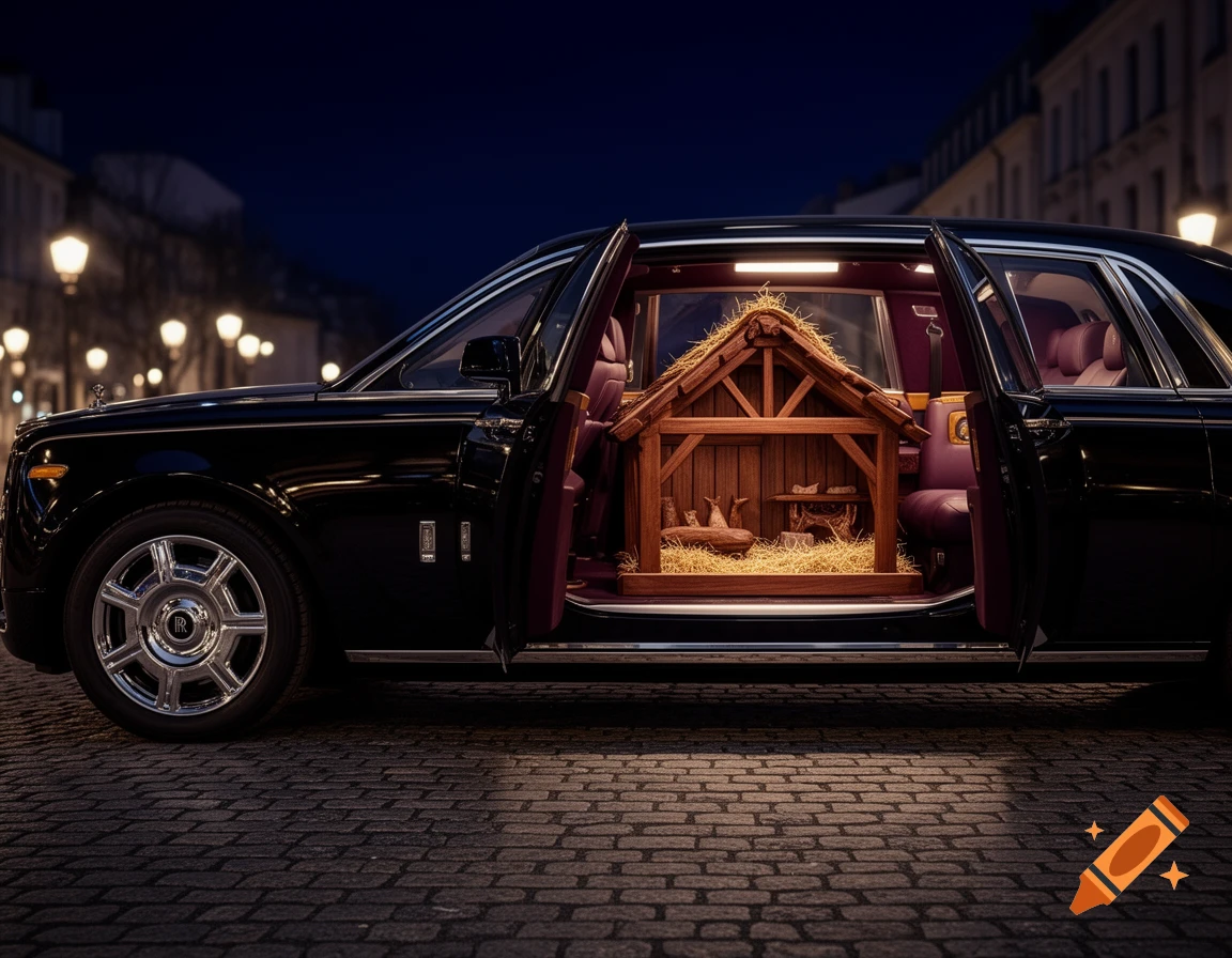 A black Rolls-Royce with open doors revealing a wooden nativity scene inside, parked on cobblestones at night.