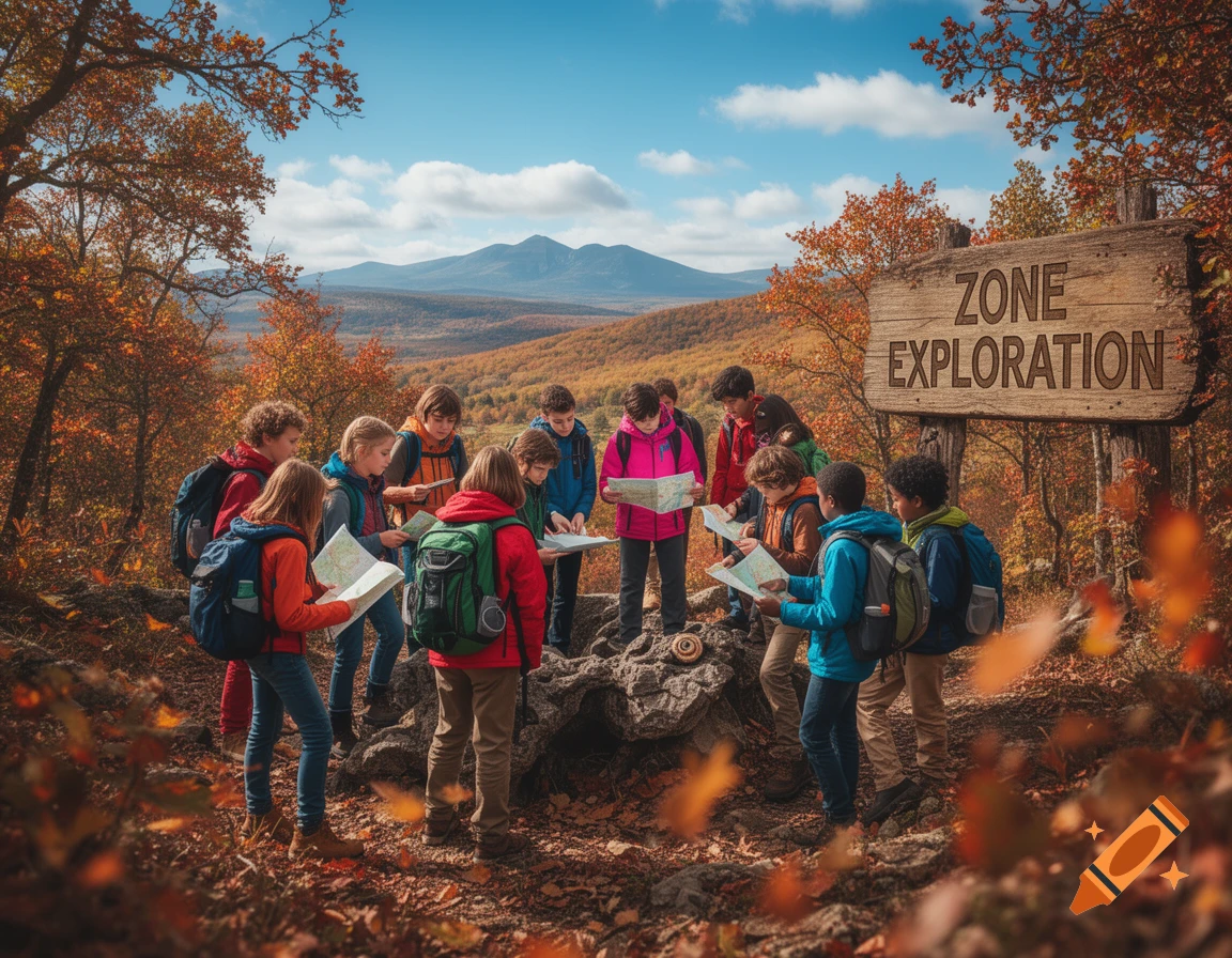 A group of children in colorful jackets and backpacks study maps on a scenic autumn mountain trail, next to a "ZONE EXPLORATION" wooden sign.
