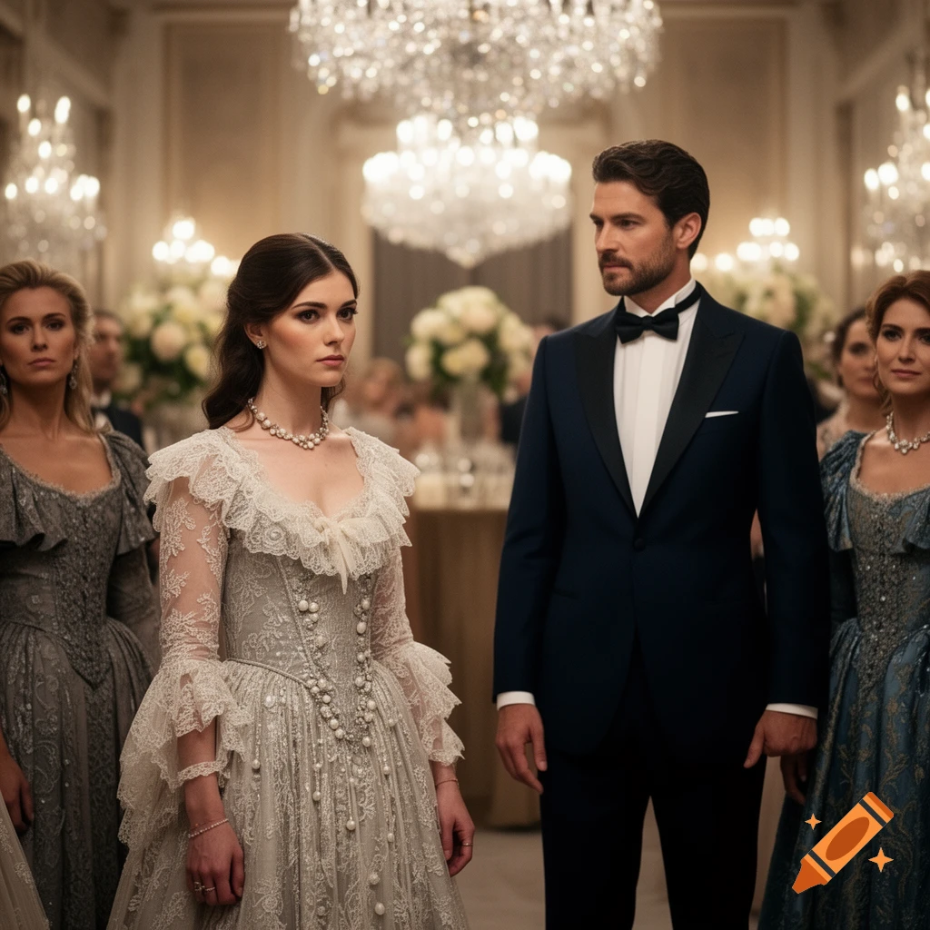 A man in a tuxedo and a woman in an elaborate pearl-adorned gown stand formally in a grand ballroom with chandeliers.