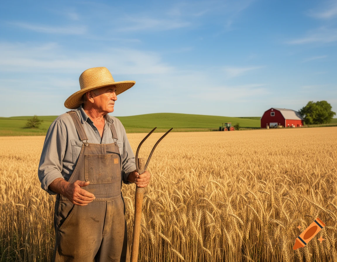 Elderly farmer in a straw hat and overalls stands with a pitchfork in a golden wheat field, a red barn and tractor in the background.