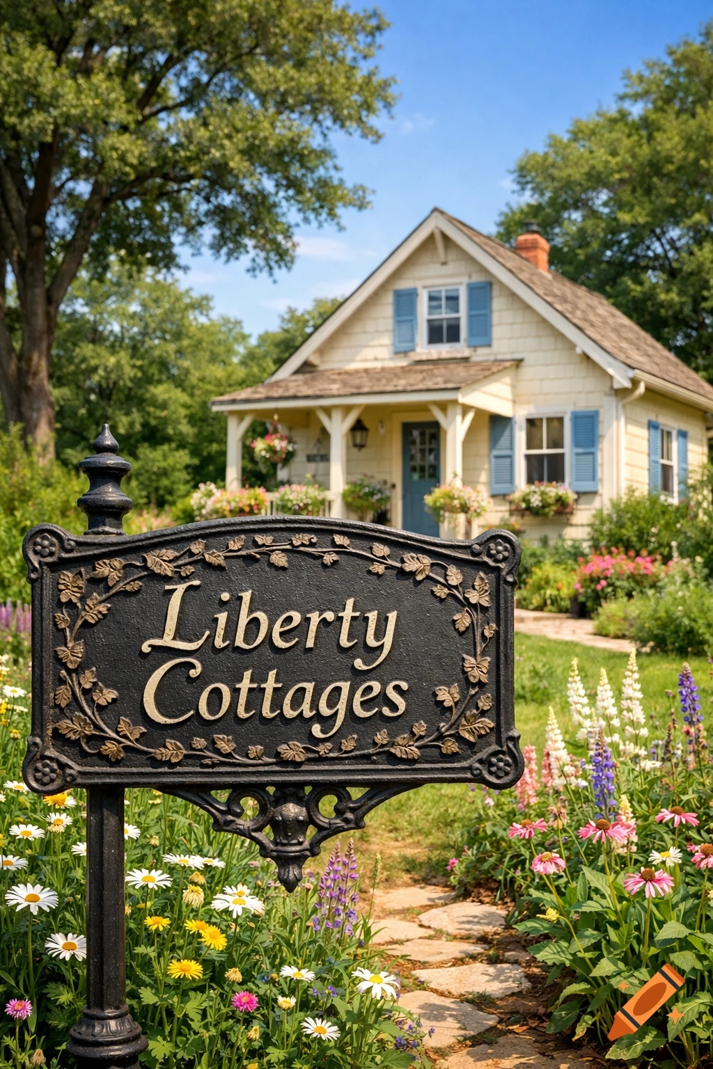 Quaint yellow cottage with blue shutters, a vibrant flower garden, and a black sign reading 'Liberty Cottages' on a sunny day.