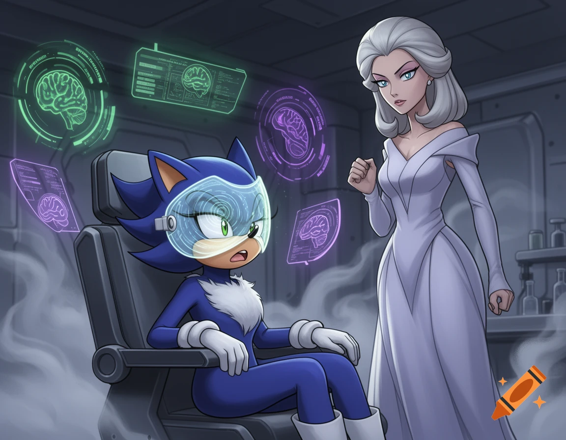 A blue Sonic-like character in a futuristic visor sits in a chair while a white-haired woman in a white dress stands beside them, surrounded by glowing brain holograms in a lab.