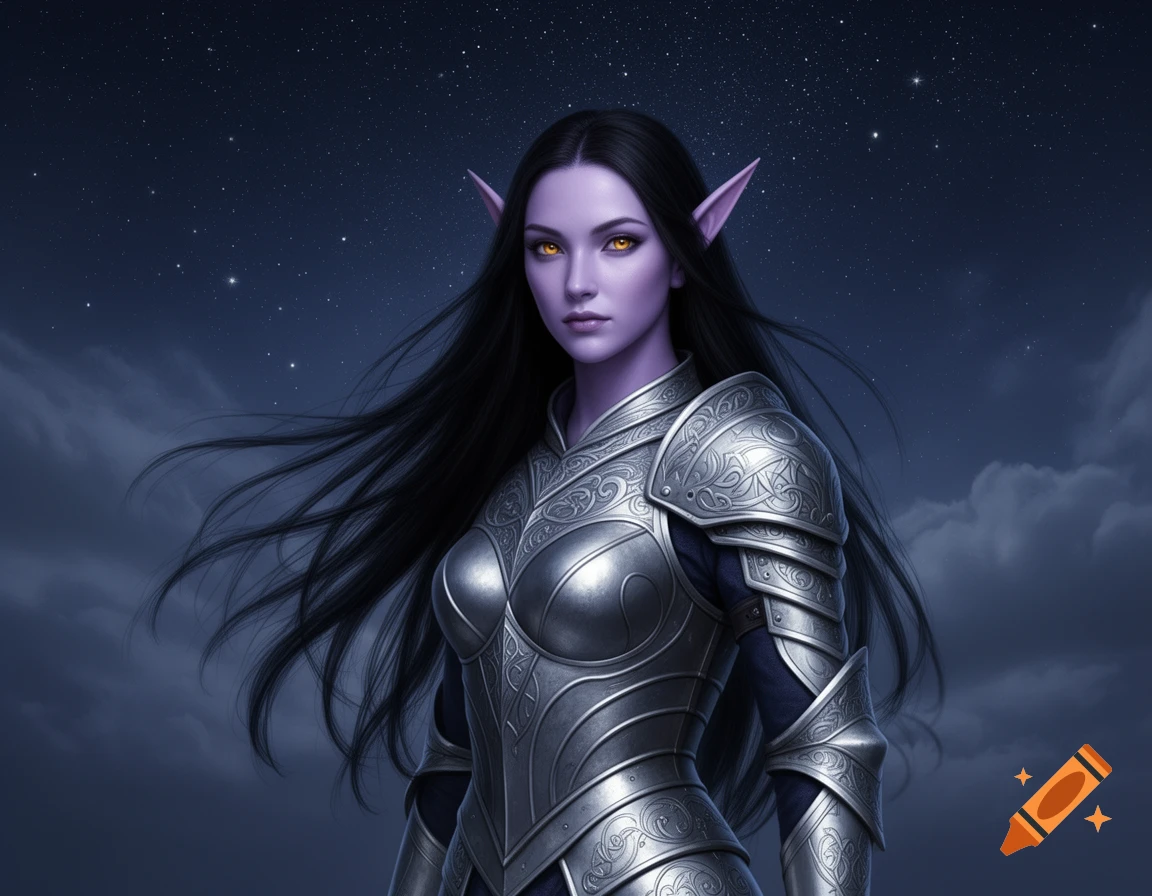A female elf with light purple skin, long black hair, and amber eyes ...