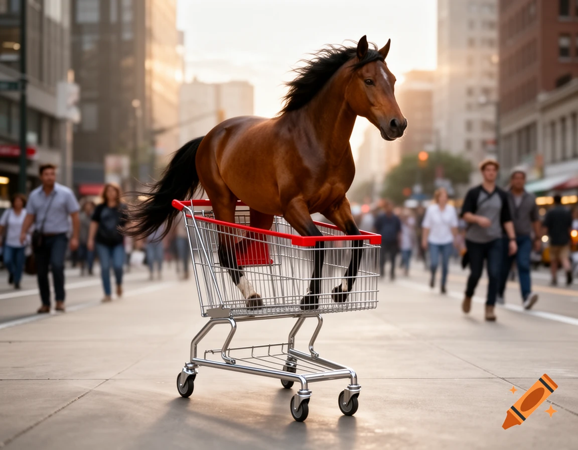 A photorealistic image of a brown horse standing in a shopping cart on a busy city street at sunset.