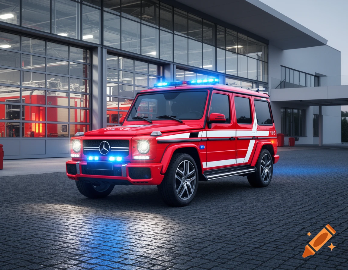 A modern red Mercedes-Benz G-Class fire truck with blue flashing lights parked in front of a modern fire station.