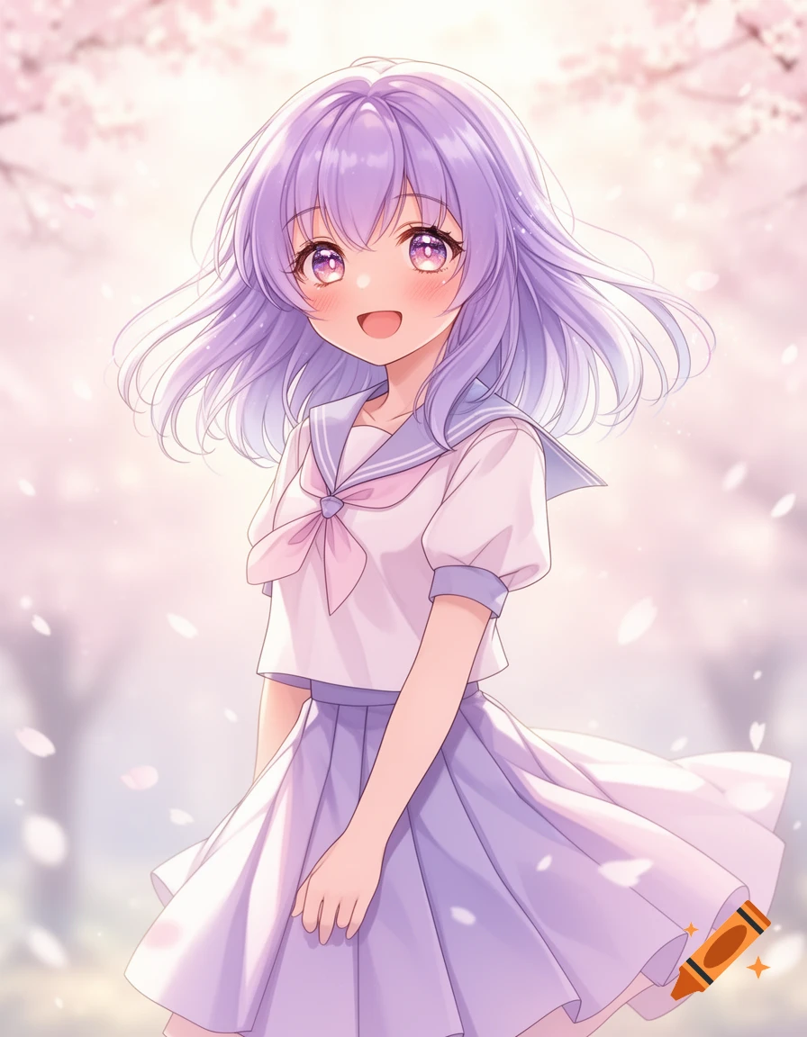 Anime girl with purple hair smiling in a school uniform with cherry blossoms in the background.