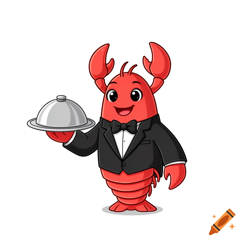 A cute cartoon lobster butler wearing a black tuxedo and bow tie, holding a silver serving tray, on a white background.