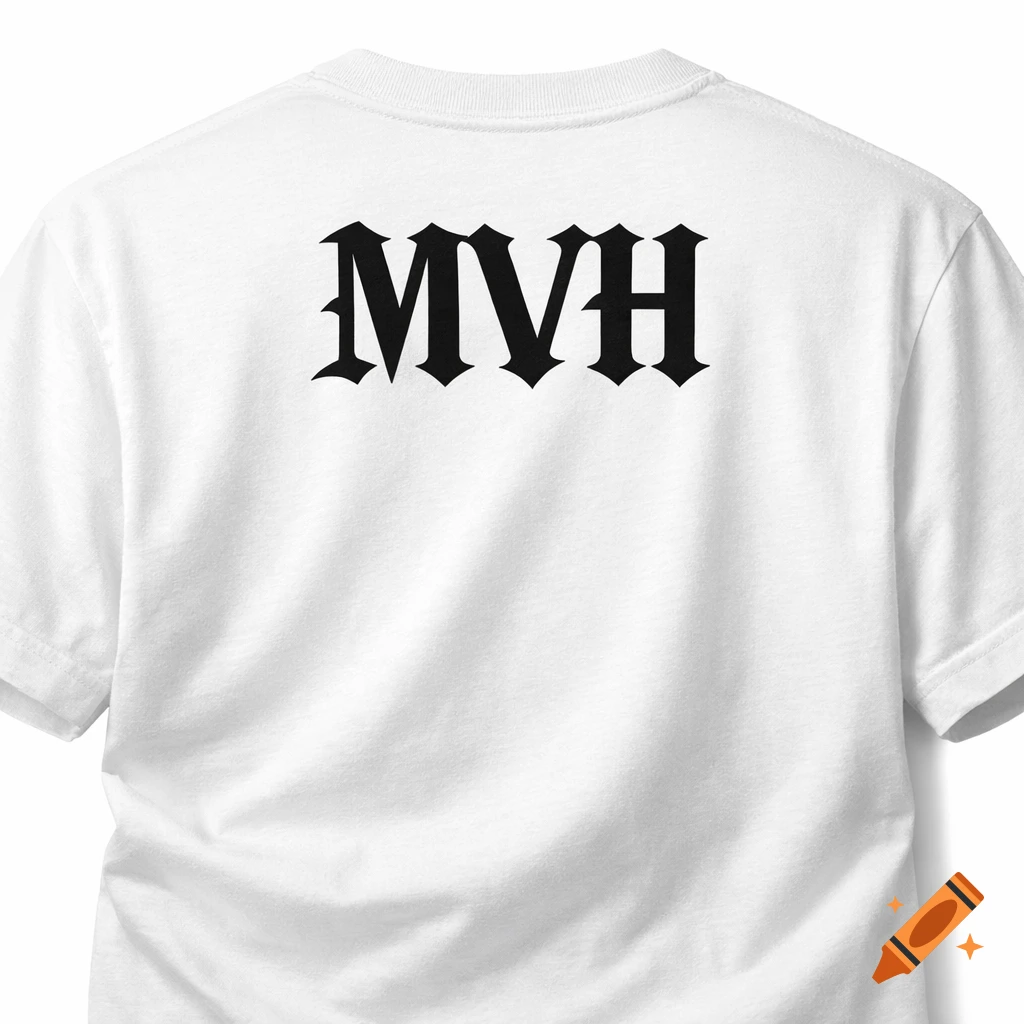 A white t-shirt seen from the back, featuring the letters "MVH" in a black gothic font.