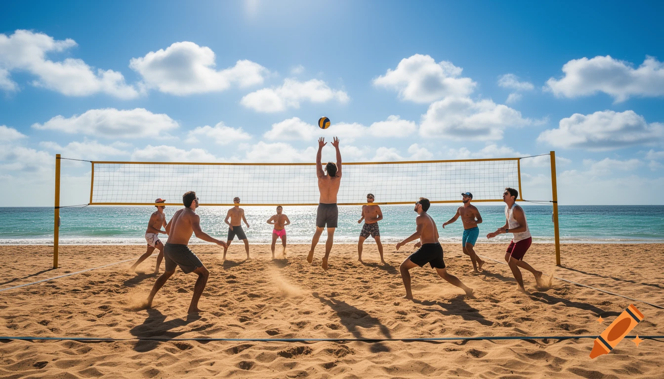 A group of men playing beach volleyball on a sunny day with a blue sky and scattered clouds, near the ocean.