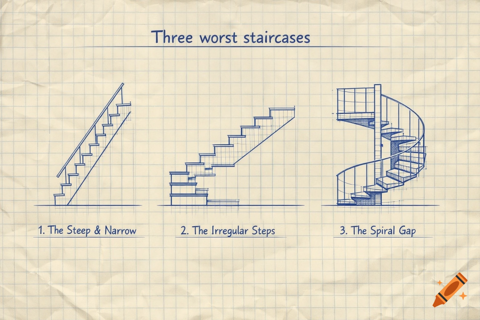 Blueprint drawing on crumpled grid paper illustrating three types of poorly designed staircases, each with a descriptive label.