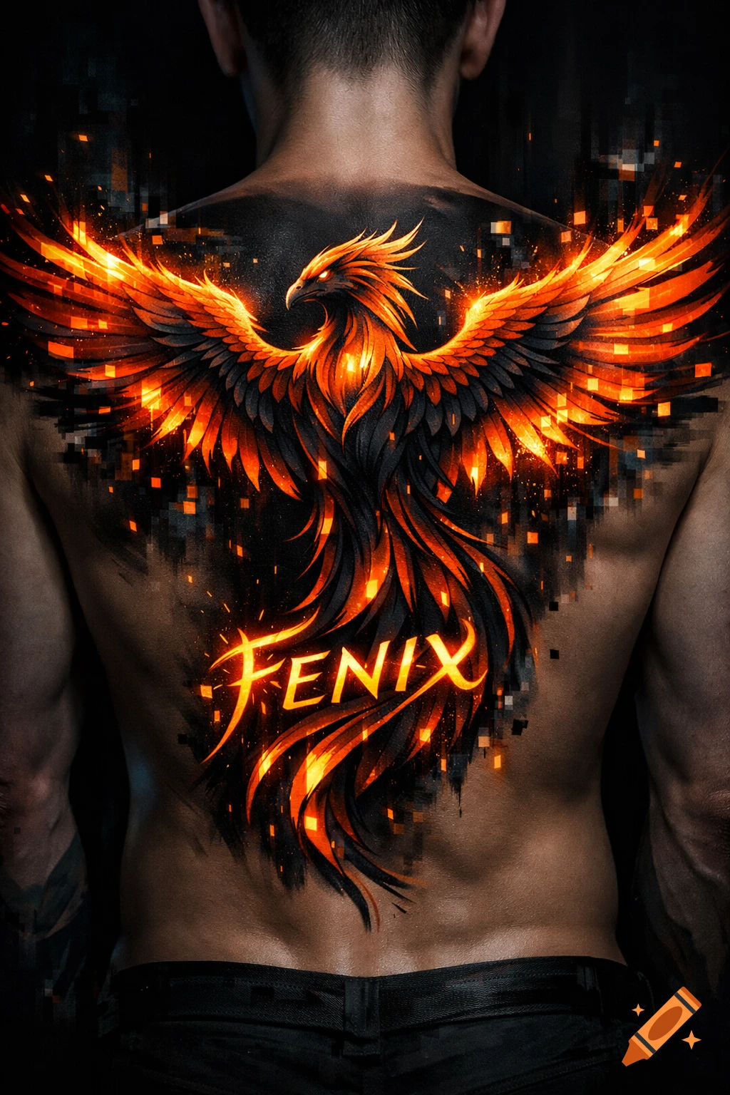 A person's bare back features a large, glowing orange and black phoenix with spread wings, digital pixel effects, and the word FENIX.