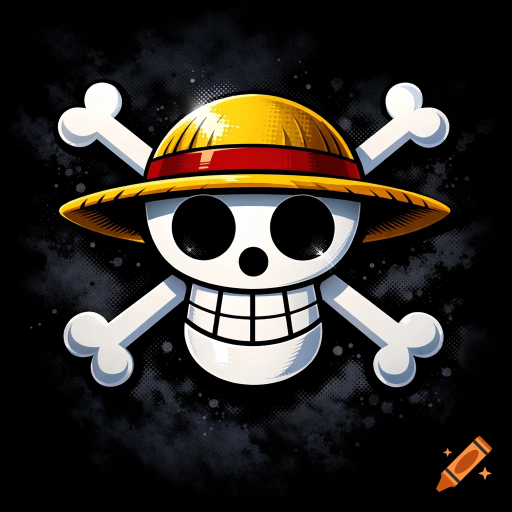 A cartoonish white skull with black eye sockets and a grin, wearing a yellow straw hat with a red band, with two white crossbones behind it, on a dark textured background.