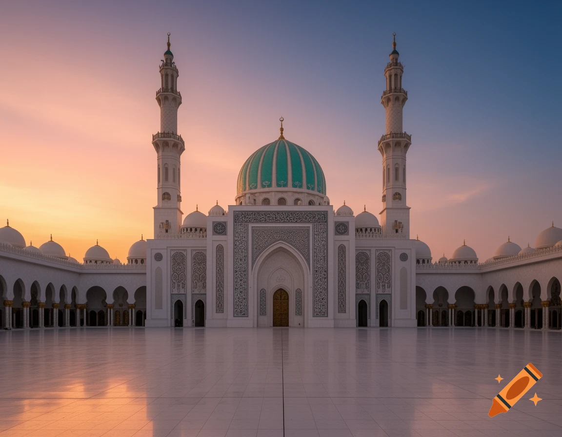 Photorealistic image of a grand white mosque with a green dome and two minarets at sunrise or sunset, large empty courtyard.